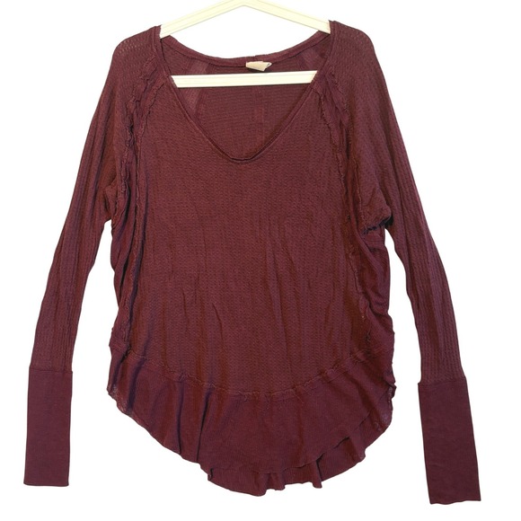 We The Free Free People Burgundy Waffle Knit Thermal V-Neck Top Small Bohemian - Picture 2 of 10